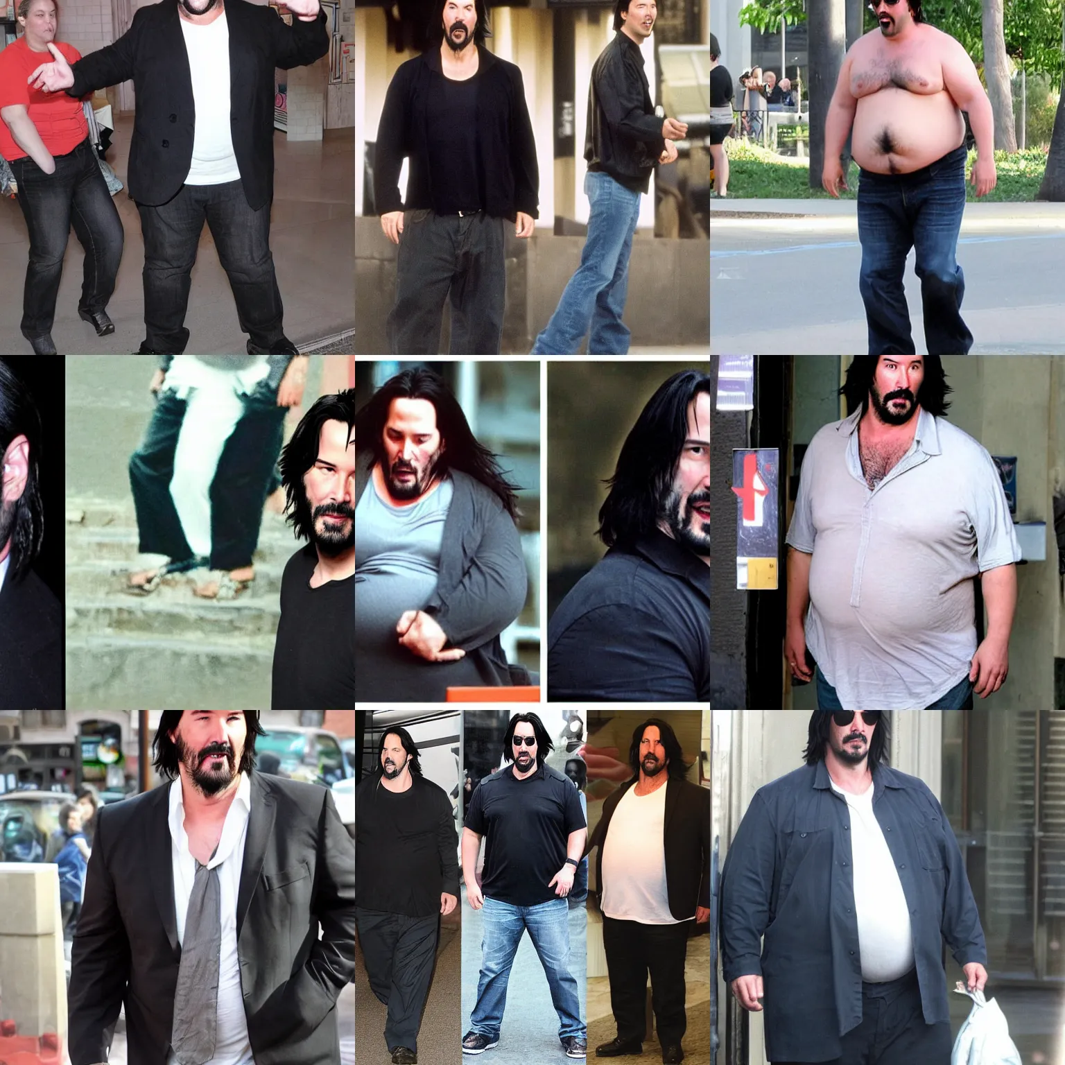 Prompt: obese keanu reeves!! holds exposed big belly, mediumshot in city trip, real photograph, matrix film still