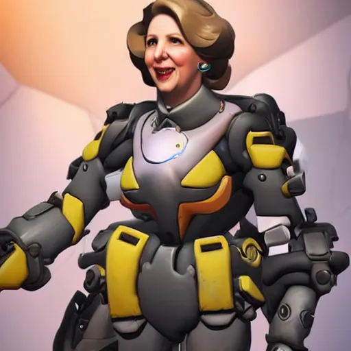 Prompt: new overwatch character, margaret thatcher, the iron lady, mech suit, hammer