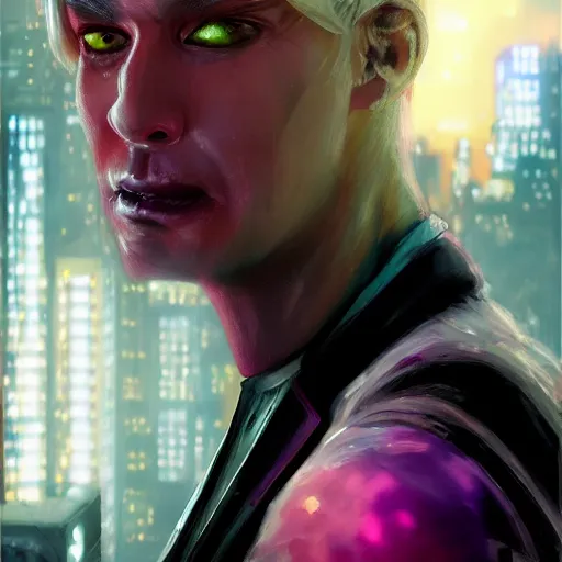 Image similar to cyberpunk, closeup portrait of a cyberpunk entertainer, blond hair, grey eyes, sadistic smile, delicate jaw, hologram, dramatic light, city background, sunset, dystopian setting, high contrast, sharp, neuromancer, peter riviera, painted by stanley lau, painted by greg rutkowski, painted by stanley artgerm, digital art, trending on artstation