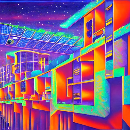 Image similar to solar punk city, modern architecture, city color scheme, geometry will draw the soul toward the truth and create the spirit of philosophy, galactic nebula, surrealist oil painting