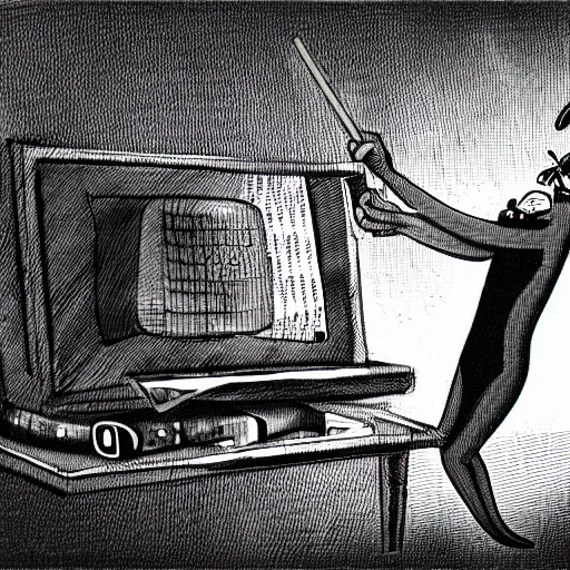 Prompt: a black and white photograph of a guy destroying a computer with a baseball bat, in the style of gary baseman, robert crumb, jenny saville, photorealism, photography, realistic, surreal, high contrast, soft lighting, film photography