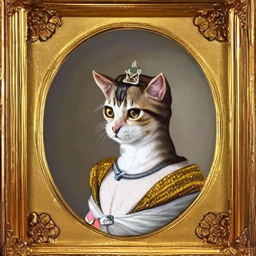 Prompt: painting of a tabby cat dressed up like a noble queen of france, classic painting, highly detailed, portrait