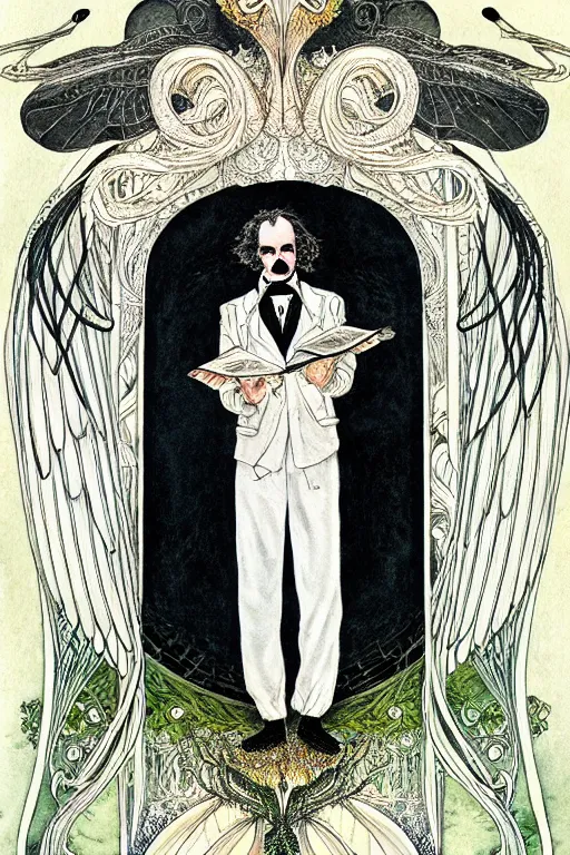 Prompt: realistic portrait of edgar allen poe in the center of an ornate white lily flower frame with wings, detailed art by kay nielsen and walter crane, illustration style, watercolor