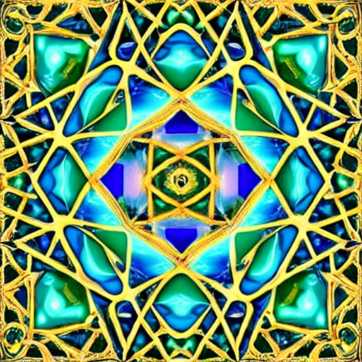 Prompt: three dimensional multilayered pattern vortex inside a hexagonal shape from the twisting nether, swirling, intricate detail, complex, jade, gold, silver, obsidian, ornate,