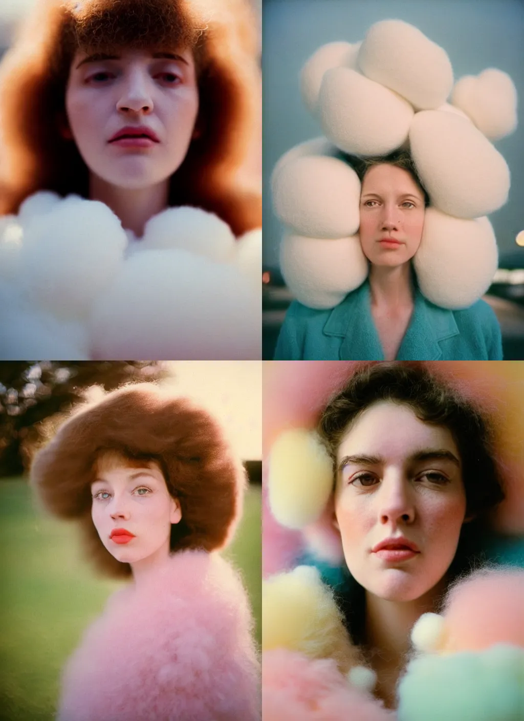 Prompt: An vintage analog head and shoulder frontal face portrait photography of a woman surrounded by thousand fluffy soft giant! oversized! pastel colorful cotton balls by tim walker. Kodak Portra 800 film. shallow depth of field. (Depth of field). whirl bokeh!!. Golden hour. detailed. hq. realistic. warm light. muted colors. dark Mood. Filmic. Dreamy. lens flare. Mamiya 7ii, f/1.2, symmetrical balance, in-frame