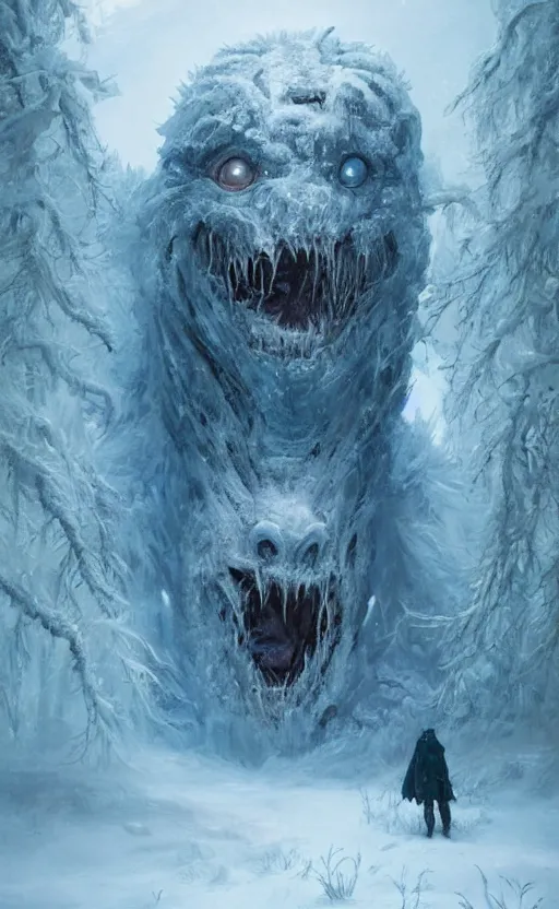 Prompt: portrait of a frozen monster creature, in a snowy field, fantasy, highly detailed, cinematic lighting, digital art painting by greg rutkowski