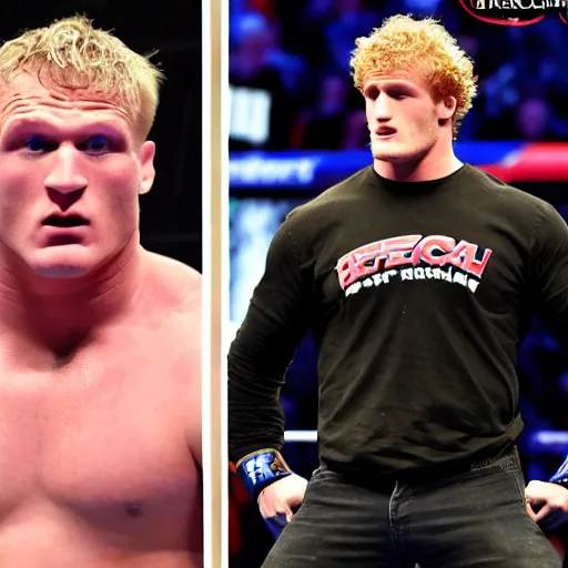 Prompt: brock lesnar versus logan paul in a ufc match brock lesnar knocks logan paul out