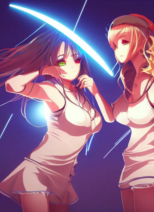 Prompt: two beautiful mothers, lightning glare, summer clothes, gorgeous faces, thick lines, cinematic lighting, detailed anime art