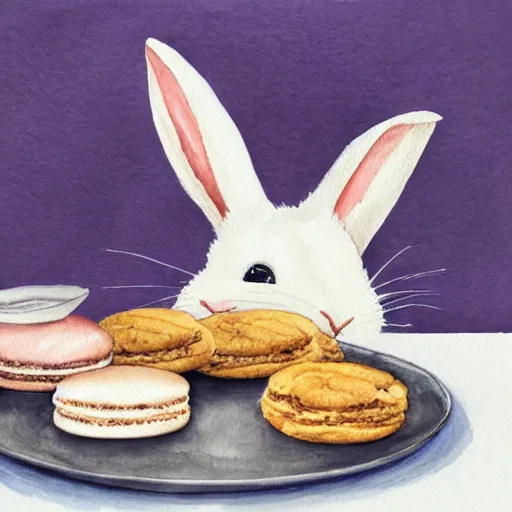 Image similar to a rabbit posing with cookies and macaroons in a kitchen, watercolour realism