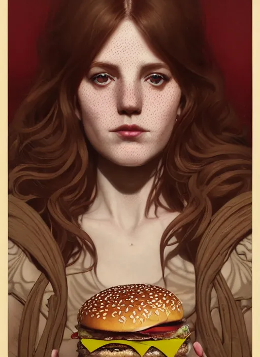 Prompt: close up portrait of wendy thomas, pale young woman with freckles, baroque hamburgers, fast food imagery by artgerm, cushart krenz, greg rutkowski, mucha. art nouveau. gloomhaven, golden arches logo, pale colors, sharp edges. ultra clear detailed. 8 k. elegant, intricate, octane render