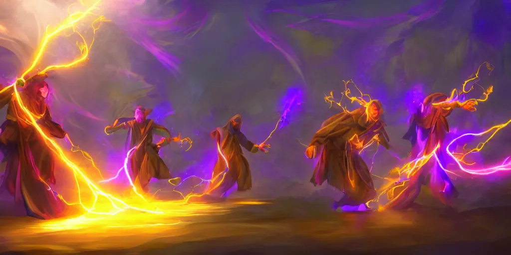 Prompt: brother mages, they are in front of a desk working on a new spell that is casting out flowing energy, colorful, flowing energy, light rays, medium shot, waist up, sharp, concept art, highly detailed, bloom, dramatic lighting, cinematic, by dreamworks