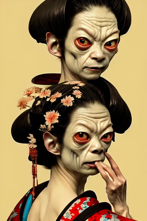 Image similar to clear portrait of gollum dressed as a japanese geisha, background hyper detailed, character concept, full body, dynamic pose, glowing lights, intricate, elegant, highly detailed, digital painting, artstation, concept art, smooth, sharp focus, illustration, art by artgerm and greg rutkowski and alphonse mucha