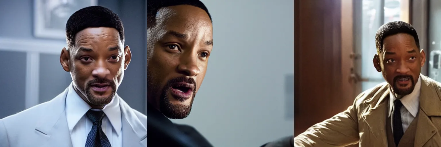 Prompt: close-up of Will Smith as a detective in a movie directed by Christopher Nolan, movie still frame, promotional image, imax 70 mm footage