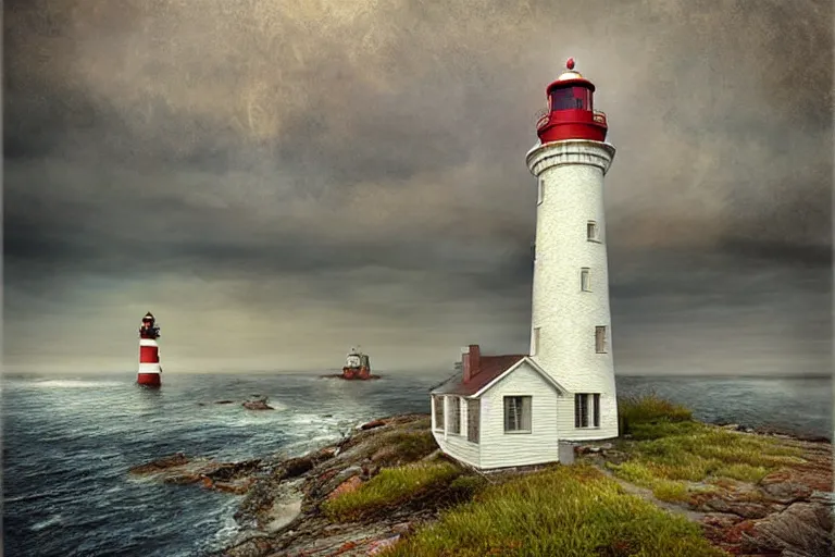 Prompt: hdr lighthouse cove in new england, matte painting by andrea kowch, detailed realistic