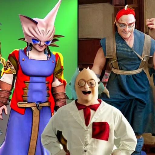 Image similar to a still of from the movie patch adams crossover with the game dragon quest viii