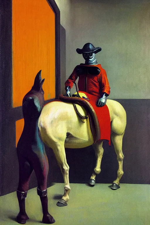 Image similar to man in horse costume, horse in costume astronaut, horse racing, hauntingly surreal, highly detailed painting by francis bacon, edward hopper, adrian ghenie, gerhard richter, and james jean soft light 4 k,