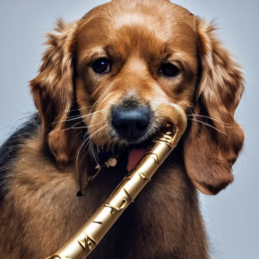 Prompt: dog playing a flute, studio lighting