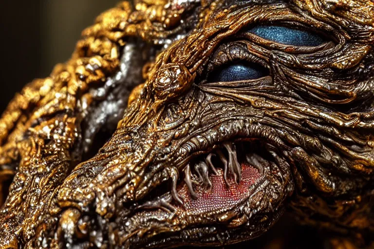 Image similar to photo taken of an epic intricate, ultra detailed, super realistic sculpture of a wet, slimy, nightmarish hellish demonic trllobite creature on display in a workshop, created by weta workshop, zoomed in shots, photorealistic, sharp focus, f 0. 4, face centred, macro photography, golden ratio, golden hour