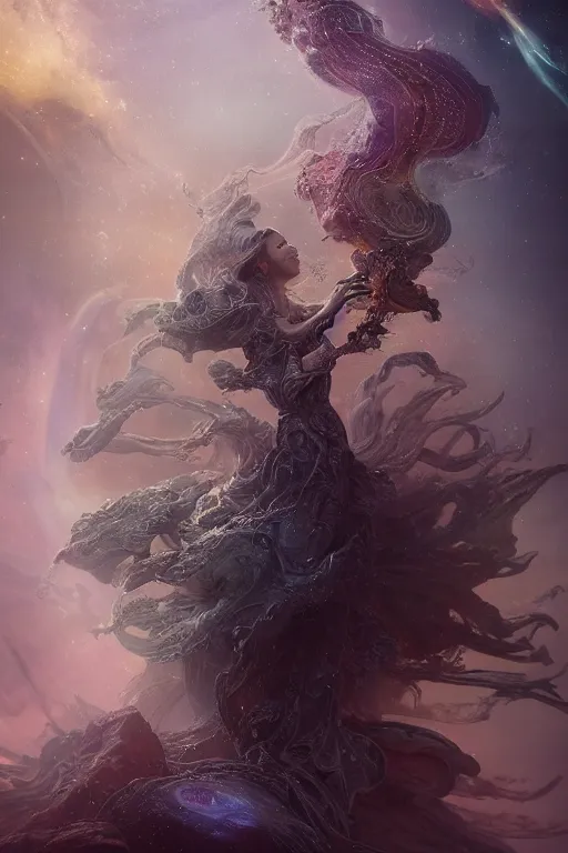 Prompt: beautiful detailed cgi matte painting female space empress of the andromeda, by ellen jewett, alessio albi | symmetrical features, ominous, alluring, vivacious, realism, intricate, ornate, royally decorated, organic, growth, whirling nebulas, glowing particles, colorful refractive adornments, torn nebulas, radiant nebula colors