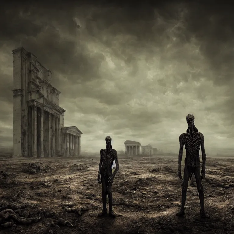 Prompt: ribbed man,baroque painting, standing in a desolate empty wasteland, creepy, nightmare, dream-like heavy atmosphere, surreal abandoned buildings, beautiful detailed intricate insanely detailed octane render trending on Artstation, 8K artistic photography, photorealistic, chiaroscuro, Raphael, Caravaggio, Beksinski, Giger