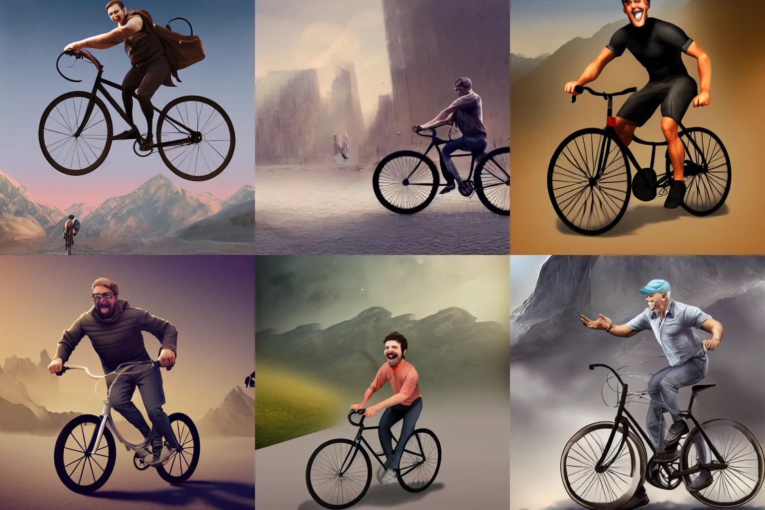 Prompt: A man riding a bicycle action shot, subject is smiling, matte painting, trending on artstation