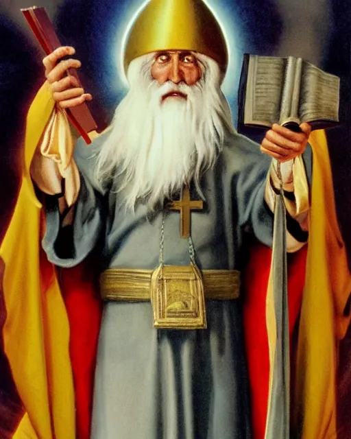 Image similar to portrait of ful length saint nicholas, showing him with a halo, dressed in clerical garb, and holding a book of the scriptures in his left hand while making the hand gesture for the sign of the cross with his right, by peter andrew jones!!!!, hd, hyper detailed, 4 k