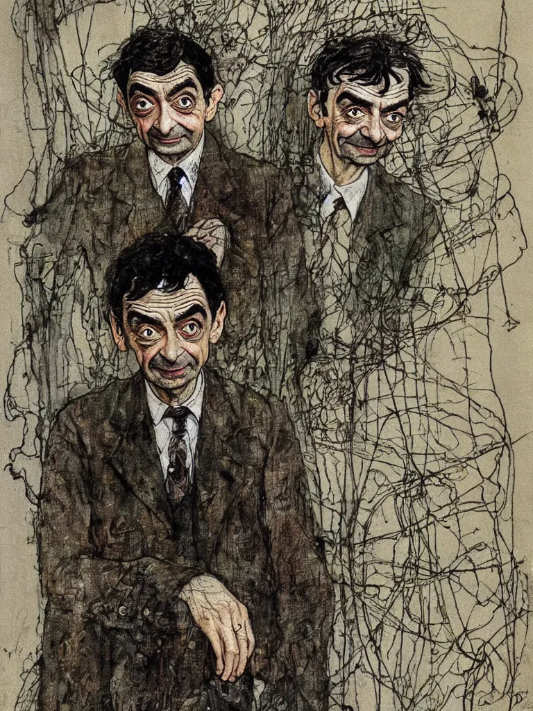 Prompt: 'Mr. Bean by Anton Pieck, Arshile Gorky, Arthur Rackham, Carne Griffiths'