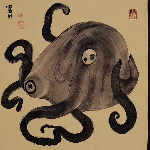 Image similar to a pig - octopus, calligraphy, ink on japanese rice paper