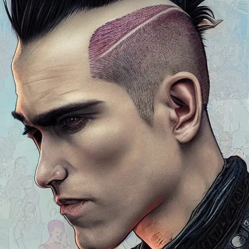 Prompt: character portrait of a retro punk man in a mohawk, shaved sides of head, dystopian cyberpunk steampunk soviet mood, intricate, wild, highly detailed, digital painting, artstation, upper body, concept art, smooth, sharp focus, illustration, art by artgerm and greg rutkowski and alphonse mucha