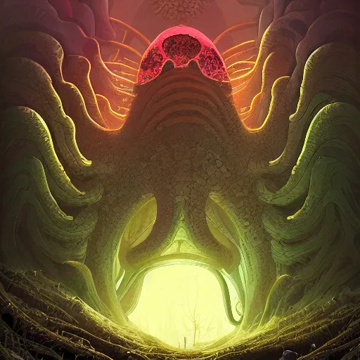 Image similar to highly detailed illustration of a nausicaa alien cephalopod in a world overgrown with fungus and spores, diffuse lighting, fog, stunning atmosphere, religious imagery, huge gargantuan black sun, muted colors, by kilian eng and james jean