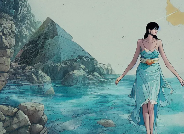 Image similar to lee jin - eun in luxurious dress emerging from turquoise water in egyptian pyramid city during an eclipse by android james, conrad roset, m. k. kaluta, martine johanna, rule of thirds, elegant look, beautiful, chic