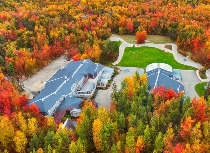 Image similar to low drone shot of a Disney style ranch style School campus in the middle of the Woods during autumn