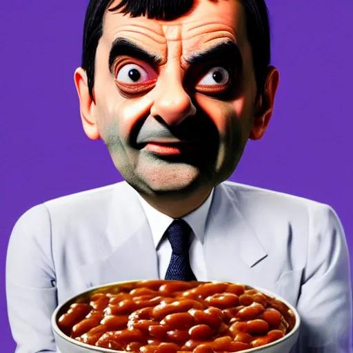 Prompt: mr bean is fused into a bowl of baked beans, artstation, cgsociety, 8 k