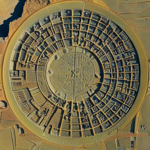 Image similar to A sprawling Mesopotamian city arranged in concentric circles as seen from above, with a giant tower and temple at its center