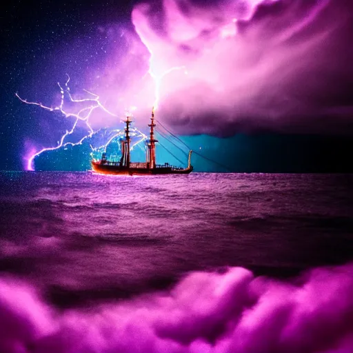 Image similar to purple color lighting storm with stormy sea, pirate ship firing its cannons real life trippy nebula sky 50mm shot