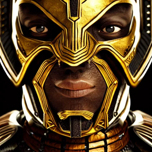 Image similar to wakandan warrior in steampunk armor, closeup portrait shot, highly detailed, photorealistic portrait, bright studio setting, studio lighting, crisp quality and light reflections, unreal engine 5 quality render