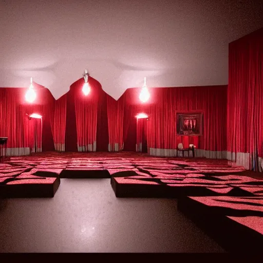 Image similar to the black lodge from Twin Peaks (1990), eerie surreal lynchian nightmare, red curtains, ominous, horror, 4k, art, trending on artstation, sharp focus