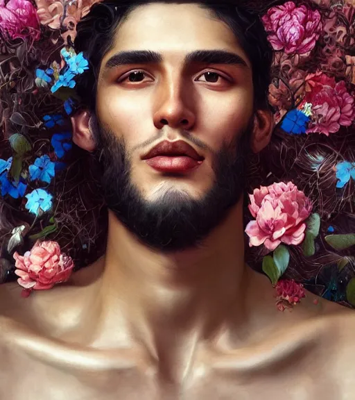 Prompt: portrait of a peruvian male model, surrounded by flowers by karol bak, james jean, tom bagshaw, rococo, trending on artstation, cinematic lighting, hyper realism, octane render, 8 k, hyper detailed.