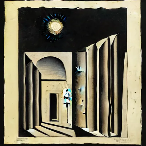 Image similar to a parade of disconnected images : obscure corners of nameless interiors, astronomical diagrams projecting the distances between celestial bodies, a painting by giorgio de chirico, a list of unpopular anagrams.