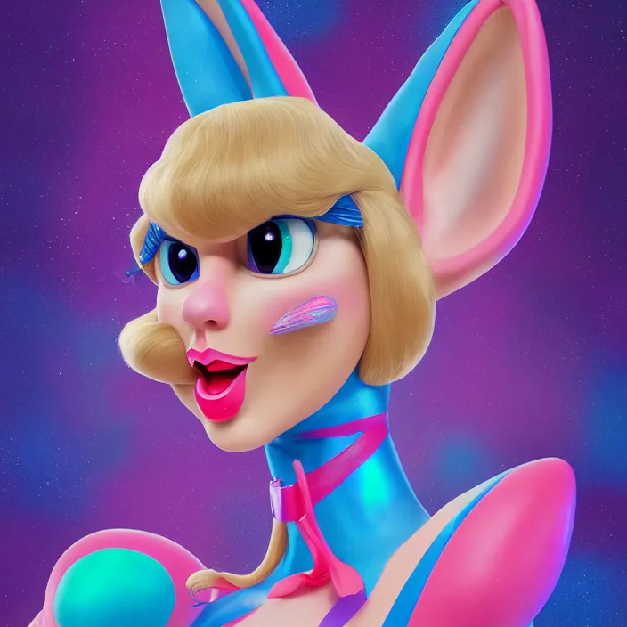 Image similar to portrait of Taylor Swift as LOLA BUNNY in SPACE JAM. HD, 4K. intricate abstract. intricate artwork. by Tooth Wu, wlop, beeple, dan mumford. octane render, trending on artstation, greg rutkowski very coherent symmetrical artwork. cinematic, hyper realism, high detail, octane render, 8k, iridescent accents, bunny ears