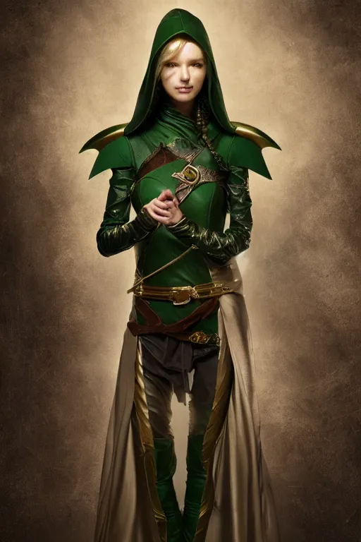 Image similar to a beautiful photo of a young woman, green elf ranger with long flowing hair and a green leather hood, elf ranger leather armor with olive green and brown colors and gold lining, young female face, cinematic top lighting, insanely detailed and intricate, face by wlop, Charlie Bowater, designs by zhelong xu and gustave doré, golden ratio, symmetric, elegant, ornate, luxury, elite, matte painting, cinematic, trending on artstation, deviantart and cgsociety, 8k, high resolution