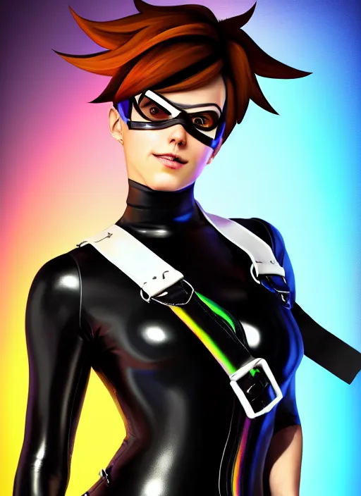 Image similar to oil painting digital artwork of tracer overwatch, confident pose, wearing black iridescent rainbow latex, 4 k, expressive happy smug expression, makeup, in style of mark arian, wearing leather collar, wearing sleek full body armor, black leather harness, expressive detailed face and eyes,