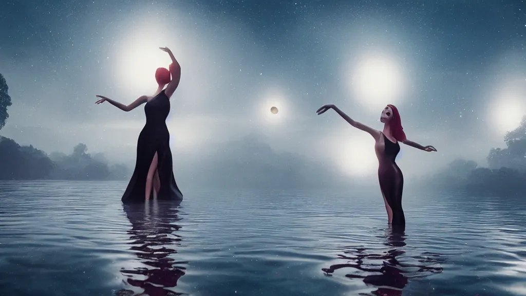 Image similar to whimsical, beautiful seductive women, with professional makeup, standing in a lake, raising an arm, under a binary black hole with a ring, by Ross Tran, by Greg Rutkowski, by artgerm, by beeple, face enhance, volumetric lighting, 4k resolution, octane render, trending on artstation