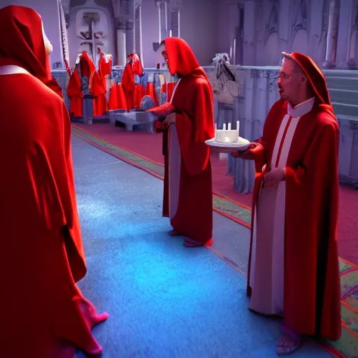 Image similar to octane render by mort kunstler and annie leibovitz and angus mckie, a line of people in colorful tunics receiving holy communion from a monstrous alien creature in a red cardinal robe, 4 d, 4 k, volumetric lighting, ray traced lighting, ultra - detailed