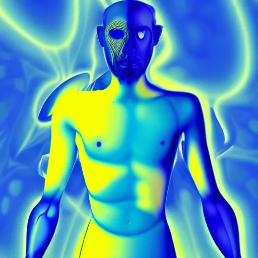 Image similar to human man that resembles a wasp morh in surreal sketch style, blue and yellow gradient, noise, ultrafine detail, hd 8k, logo illustration