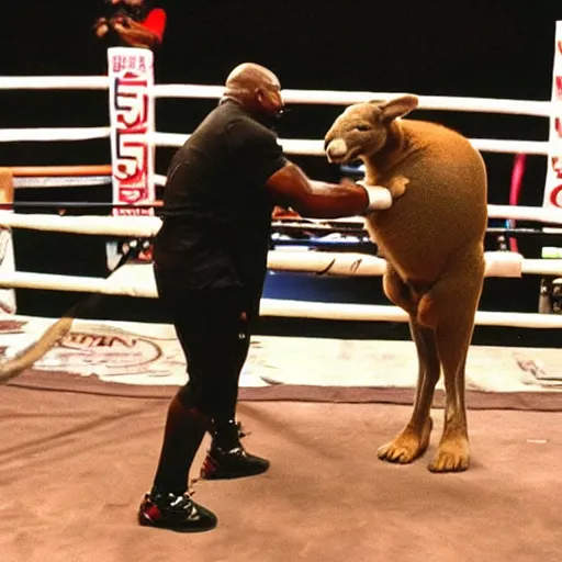 Image similar to Mike Tyson boxing with a kangaroo, realistic, 8K, award winning