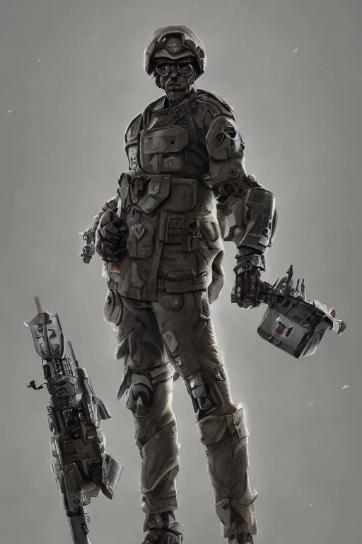 Prompt: a full body portrait of a mechanized soldier character with a trenchcoat art by james paick, and shaddy safadi, heroic, trending on artstation, ultra detailed, hyper realistic, 8 k uhd