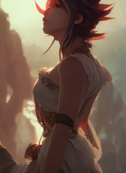 Image similar to a Photorealistic dramatic hyperrealistic render of a beautiful Final Fantasy 10 character Yuna by WLOP,Artgerm,Greg Rutkowski,Alphonse Mucha, Beautiful dynamic dramatic dark moody lighting,shadows,cinematic atmosphere,Artstation,concept design art,Octane render,8K