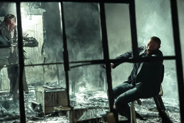 Image similar to film still of Tom Hardy as Max Payne trying to escape a creepy funhouse that is on fire in the Max Payne movie, 4k