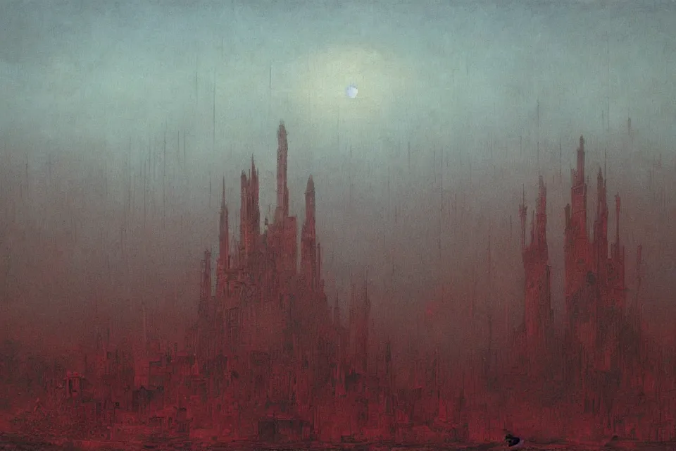 Prompt: painting of an colossal ominous morbid cathedral occupying most of the painting, under a reddish sky, high level of details, by Beksinski,